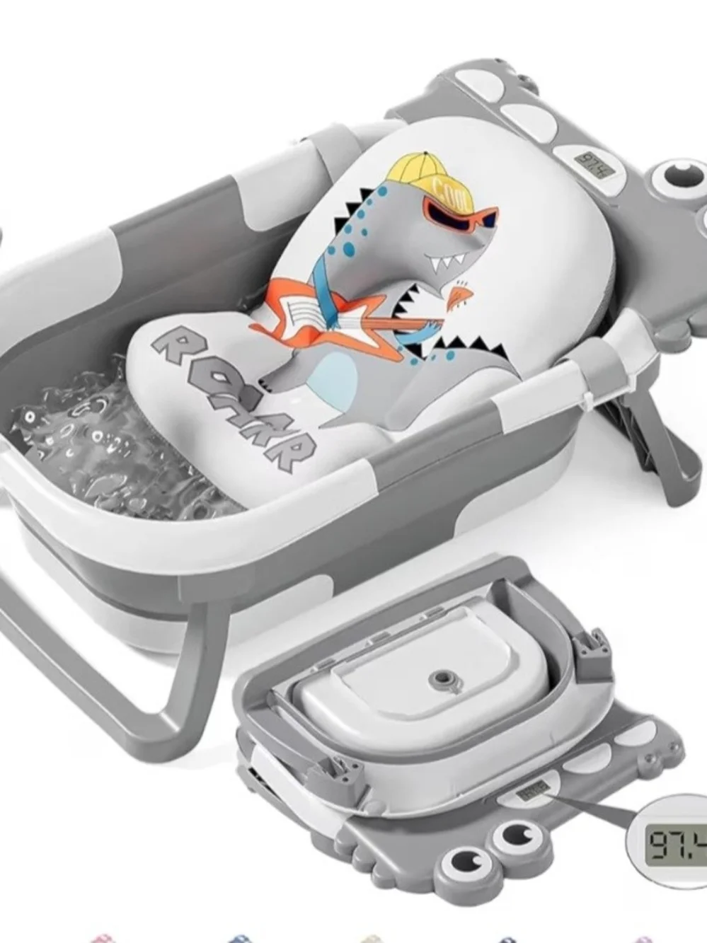 Gray Shark Print Folding Baby Bath Tub with Cushion